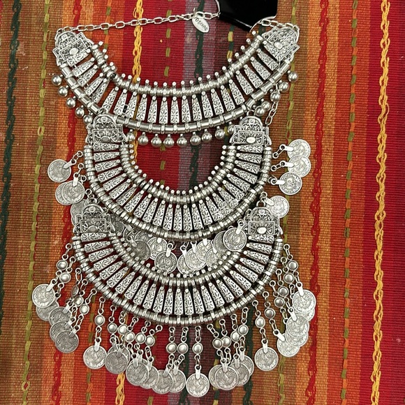 SUKISO BODRUM Statement Necklace Coin Collar Silver New Hippie Boho Bellydance - Picture 6 of 10